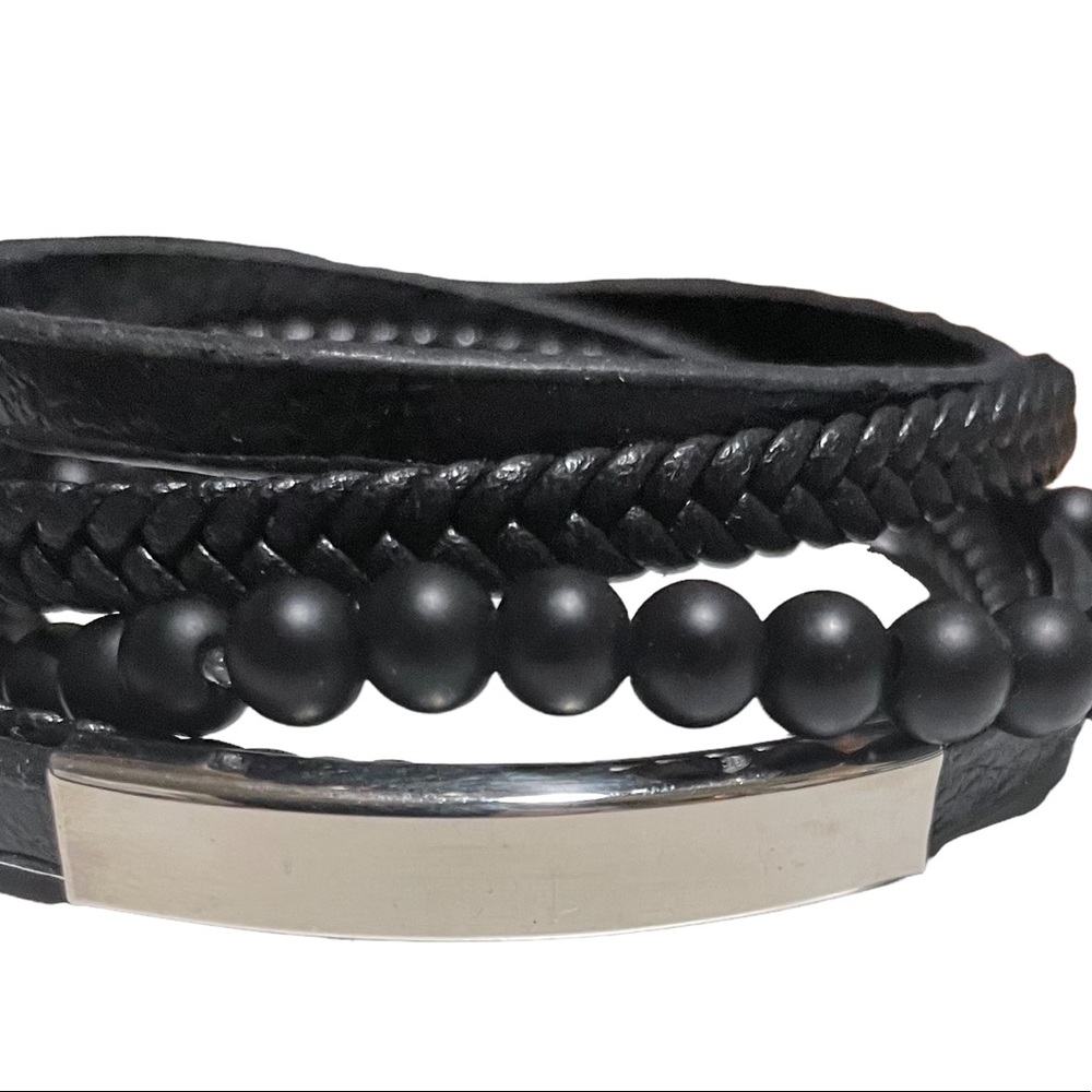 Mens stainless steele and leather 5 row bracelet